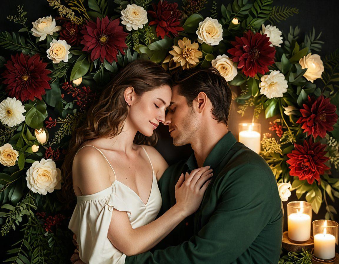 A warm, inviting scene of a couple sharing a loving embrace in a cozy setting, surrounded by soft candlelight and gentle touches of nature like flowers and greenery. The atmosphere reflects affection and deep intimacy, with subtle hints of connection like intertwined fingers and soft glances. The color palette should convey warmth with rich, soft tones like deep reds, golds, and earthy greens. Capturing a dreamy feel that embodies romance and partnership. super-realistic. vibrant colors. soft lighting.