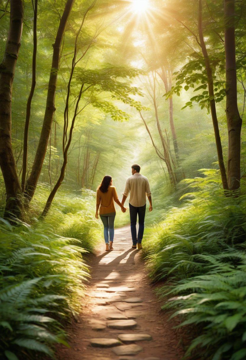 A serene pathway winding through a lush, green forest symbolizing the journey of relationships, with couples of diverse backgrounds holding hands, sharing laughter, and deep conversations at various points. Soft beams of sunlight filtering through the leaves, creating a warm, inviting atmosphere. Overlaying these scenes are delicate, hand-written quotes about love and connection. painterly style. warm tones. natural elements.