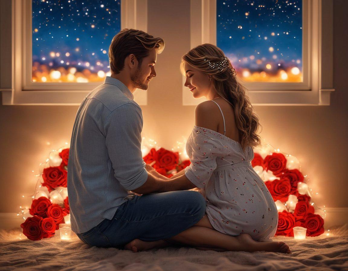 A cozy couple sitting close together, surrounded by glowing hearts and soft light, symbolizing passionate love and emotional connection. The background should depict a serene evening landscape with stars twinkling above, enhancing the warmth of their interaction. Include elements like intertwined hands and meaningful symbols of love like roses and notes. super-realistic. vibrant colors. romantic ambiance.